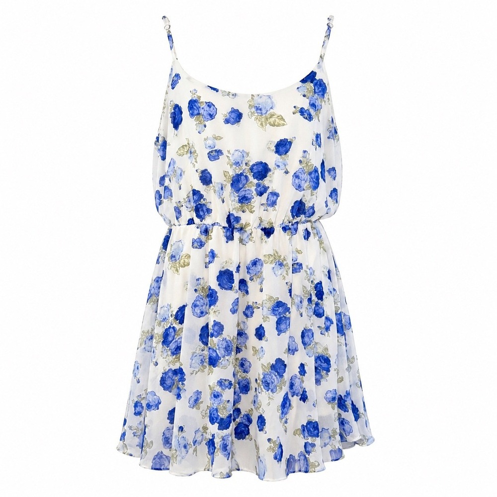 Forever 21 Mini Dress Chiffon White Blue Floral Romantic Coquette Soft Boho L - Picture 10 of 16